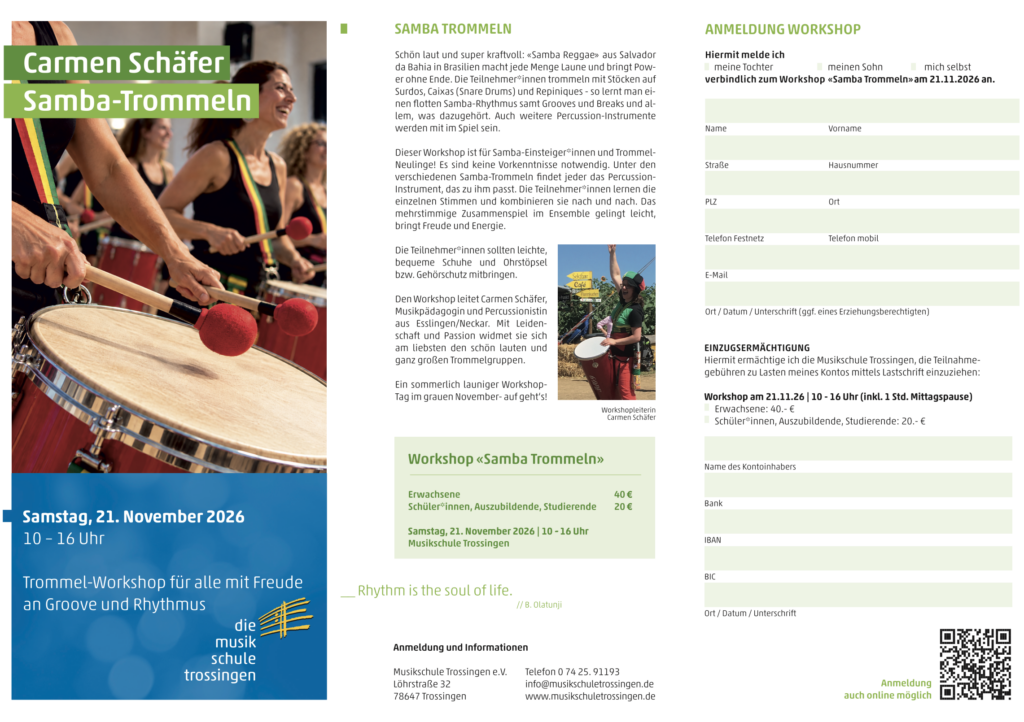Flyer mit allen Infos zum Samba-Workshop bei der Musikschule Trossingen am 21. November 2026